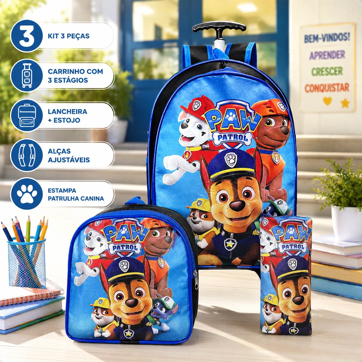 Kit Mochila De Rodinha Patrulha Canina Infantil Menino 3 Peças - Imagem 2
