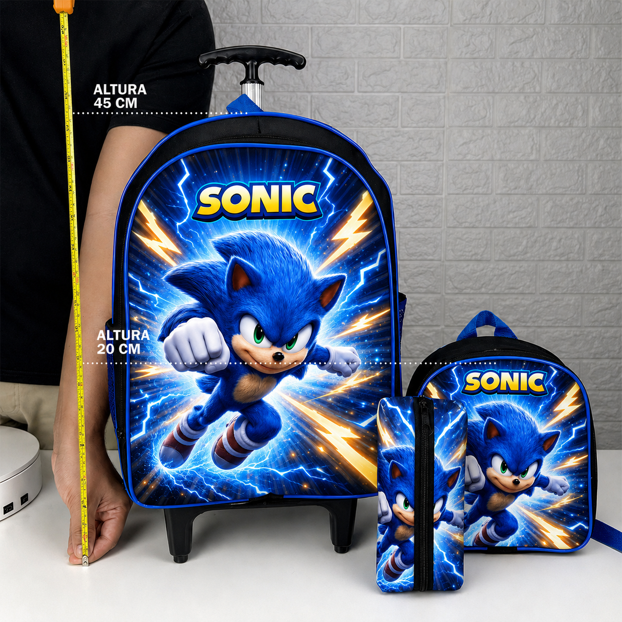Mochila Sonic Rodinha Infantil Menino Kit 3 Pçs Voltas Aulas - Imagem 3