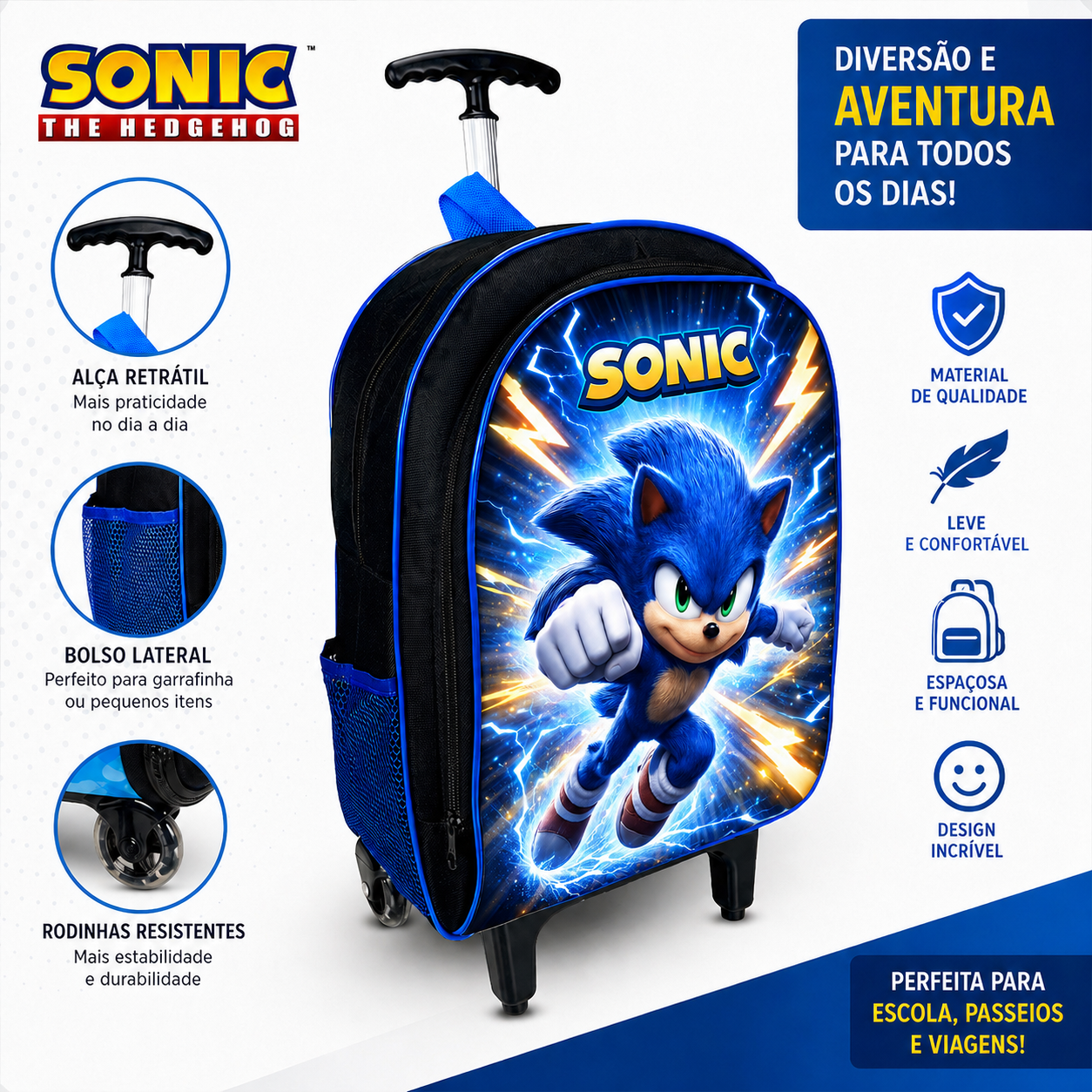 Mochila Sonic Rodinha Infantil Menino Kit 3 Pçs Voltas Aulas - Imagem 7