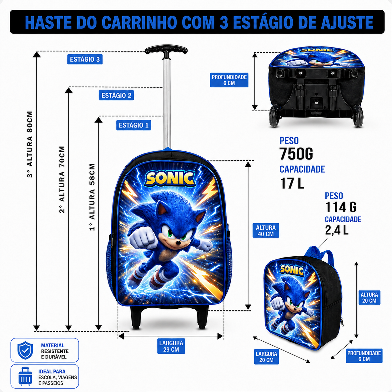Mochila Sonic Rodinha Infantil Menino Kit 3 Pçs Voltas Aulas - Imagem 4