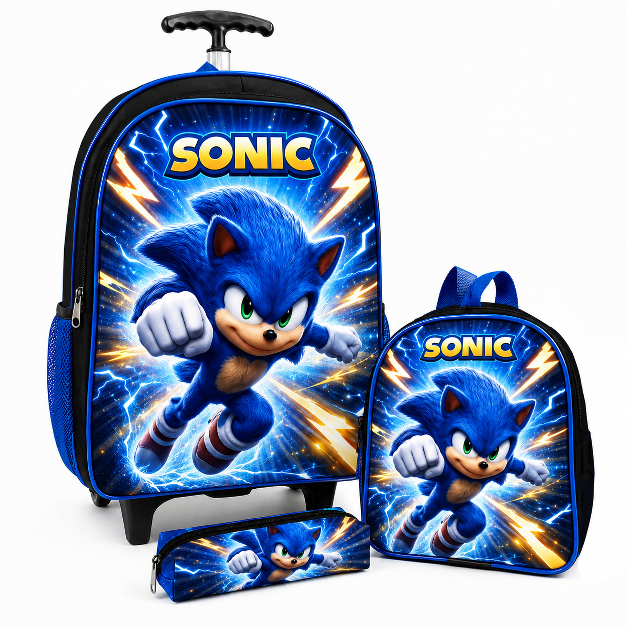 Mochila Sonic Rodinha Infantil Menino Kit 3 Pçs Voltas Aulas