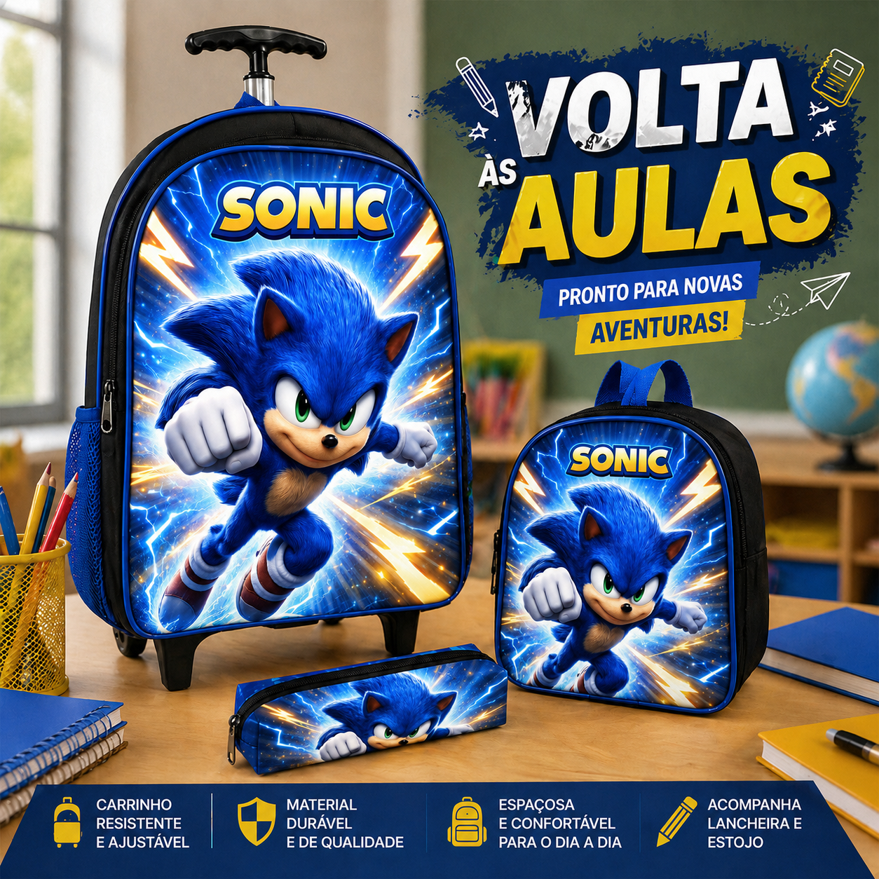 Mochila Sonic Rodinha Infantil Menino Kit 3 Pçs Voltas Aulas - Imagem 2