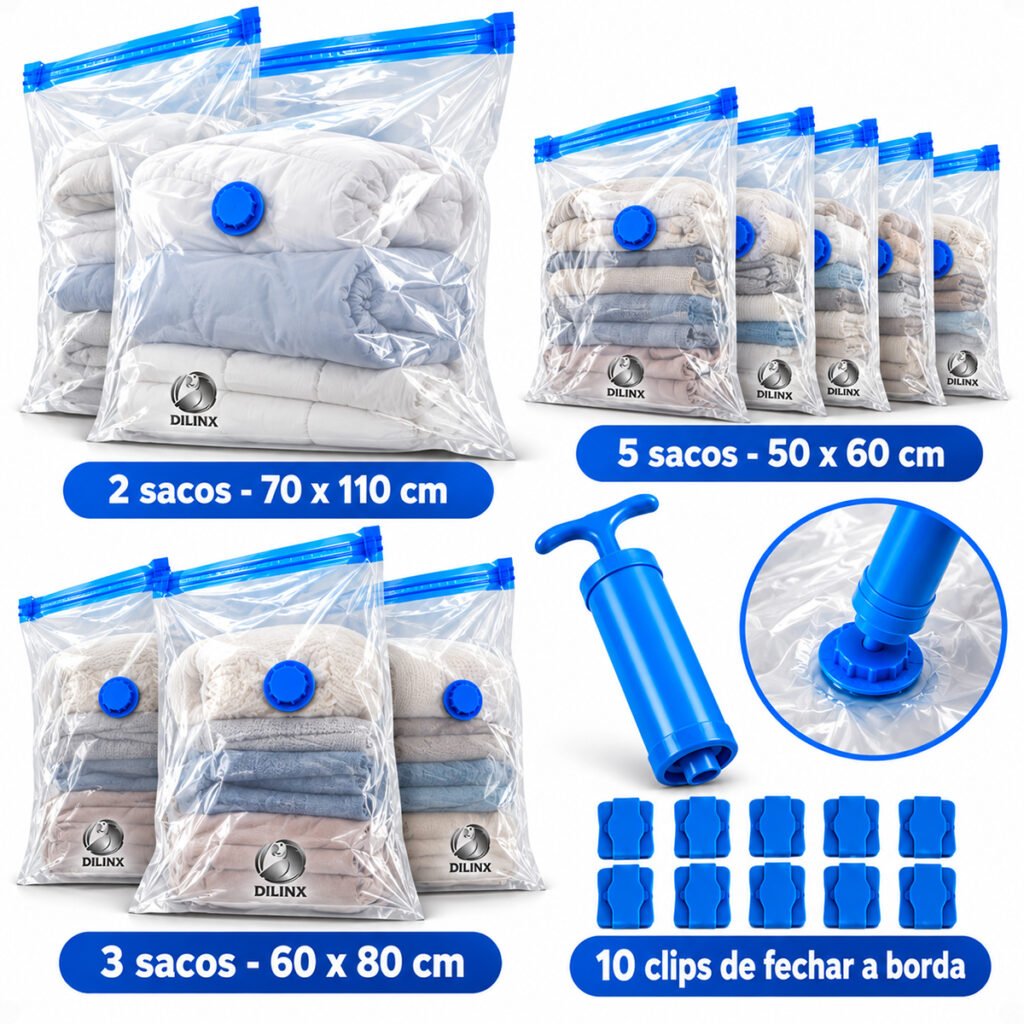 Kit 10 Sacos a Vacuo com Bomba Organizador de Roupas Viagem Reutilizavel 2un 70x110 3un 60x80 5un 50x60 Bomba de sucção Manual Marca Dilinx